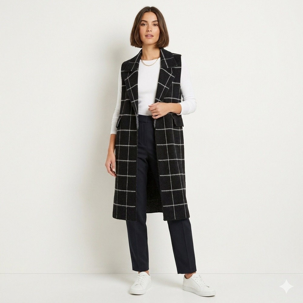 Anthropologie Windowpane‎ Longline Vest Black White Grid Fuzzy Duster One Size